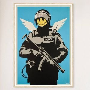 Galrie Banksy Flying Copper Art Print - Iconic 2003 Artwork on Museum-Quality Paper, Wood Frame, A4 21 x 30cm (8 x 12inch)