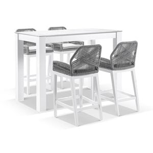 Hugo Ceramic 1.5m Aluminium Bar Table White With 4 Rope Stools & Grey W/textured Olefin Cushions
