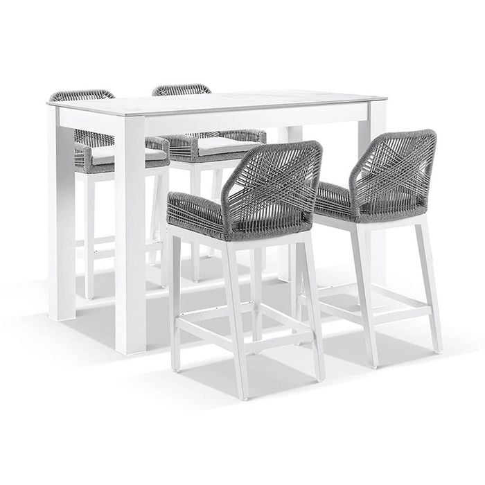 Hugo Ceramic 1.5m Aluminium Bar Table White With 4 Rope Stools & Grey W/textured Olefin Cushions