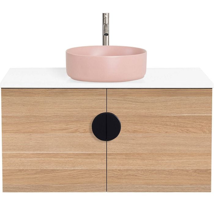 CIBO 900mm Oak Mornington Wall Hung Vanity With Pink Basin And Black Handle