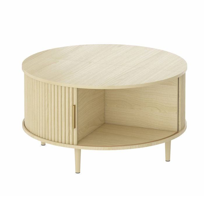 Advwin 80cm Round Coffee Table Fluted Center Table w/ Sliding Door Cabinet Side Table w/ Hidden Storage & Shelf Oak