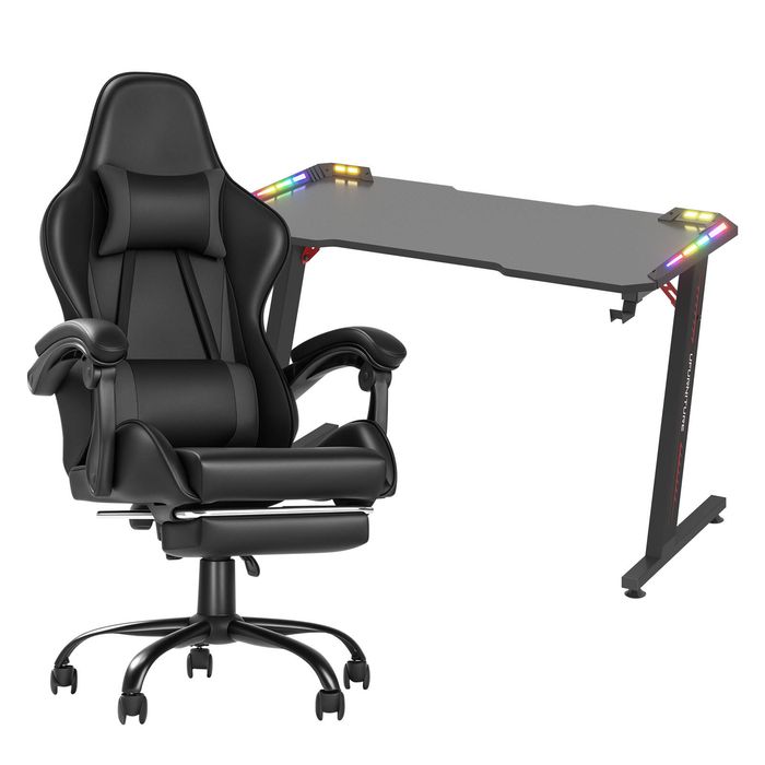 Advwin Gaming Office Desk 120cm Led Light & Gaming Chair With Footrest Black