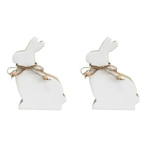 2PK LVD Medium Wooden Easter Rabbit Squat Home Decor 14.5x9cm White-Washed