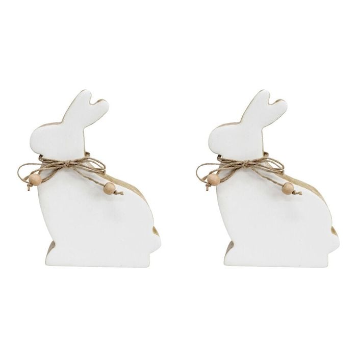 2PK LVD Medium Wooden Easter Rabbit Squat Home Decor 14.5x9cm White-Washed