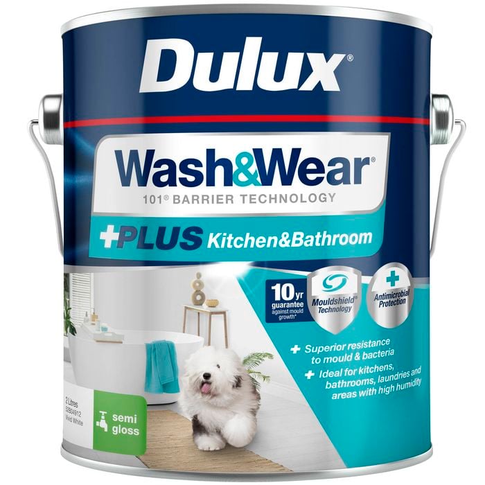 Dulux 2L Interior Paint Wash&Wear +PLUS Kitchen & Bathroom Semi Gloss Vivid White