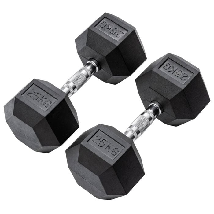METEOR 25kg Pair Rubber Hex Dumbbells