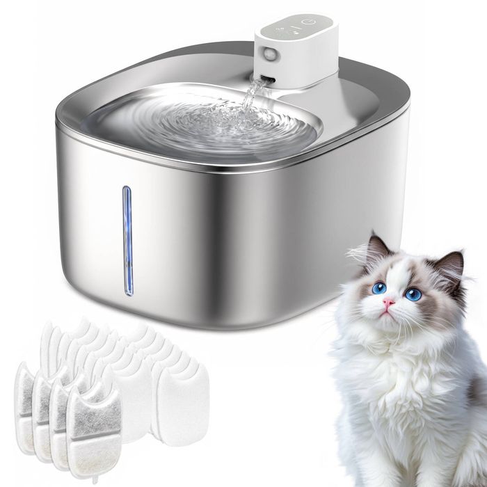 Advwin 4L Automatic Pet Water Fountain Stainless Steel+ 4 Pack Pet Water Fountain Filter