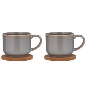 2x 2pc Ladelle Melange Stoneware/cork 500ml Mug & Coaster Set - Light Grey