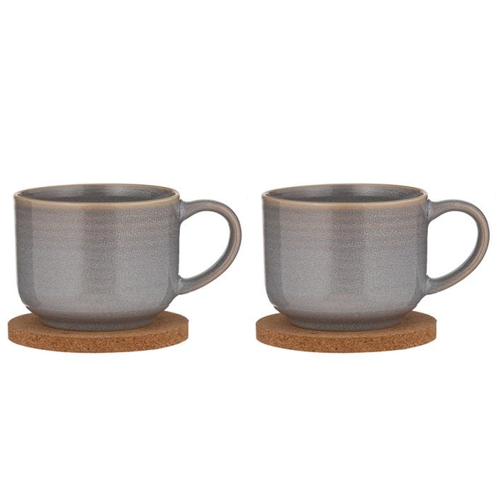 2x 2pc Ladelle Melange Stoneware/cork 500ml Mug & Coaster Set - Light Grey