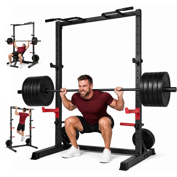 Adjustable Squat Rack with Pull Up Bar, Multi-Function Power Rack for Home Gym, 9-Level Height Adjustment