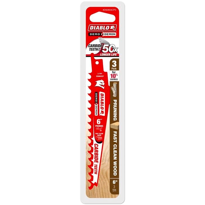 Diablo 150mm 3 TPI Demo Demon TCT Reciprocating Saw Blade for Wood Pruning - 3 Pack