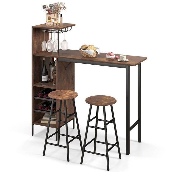 Costway 120cm Bar Table Stool Set Compact Dining Set W/glass Holders & Wine Rack Coffee