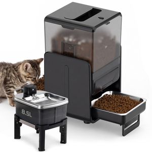 Advwin 5L Automatic Pet Feeder with Dual Bowls + 8.5L Stainless Steel Pet Water Fountain with 4 Levels Height Adjustable