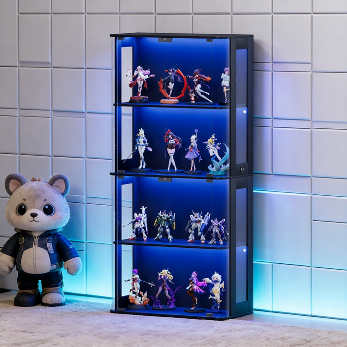Ufurniture 170cm Display Cabinet with LED Light & Glass Door 4-Tier Hallway Shelf Cabinet Bookshelf Storage Organizer Black