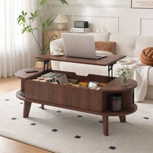 Advwin 120cm Lift Top Coffee Table Fluted Center Table w/ Sliding Door Cabinet & Hidden Storage Walnut