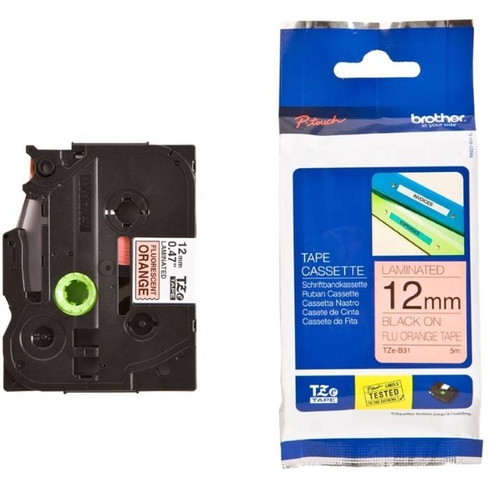 Brother 12mm Black on Fluoro Orange TZE Tape Roll