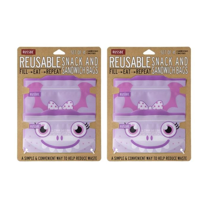 2x 4pc Russbe Reusable Locking Seal Snack Sandwich Bags Set Purple Monster
