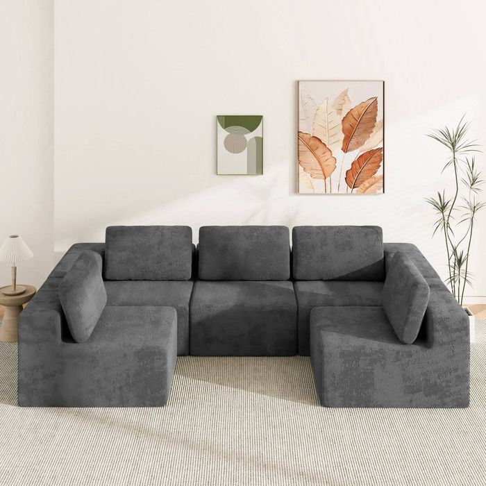 Advwin 415cm 5 Seater Sofa Convertible U Shaped Sofa Chenille Sectional Couch No Assembly Foam Modular Sofa Deep Grey