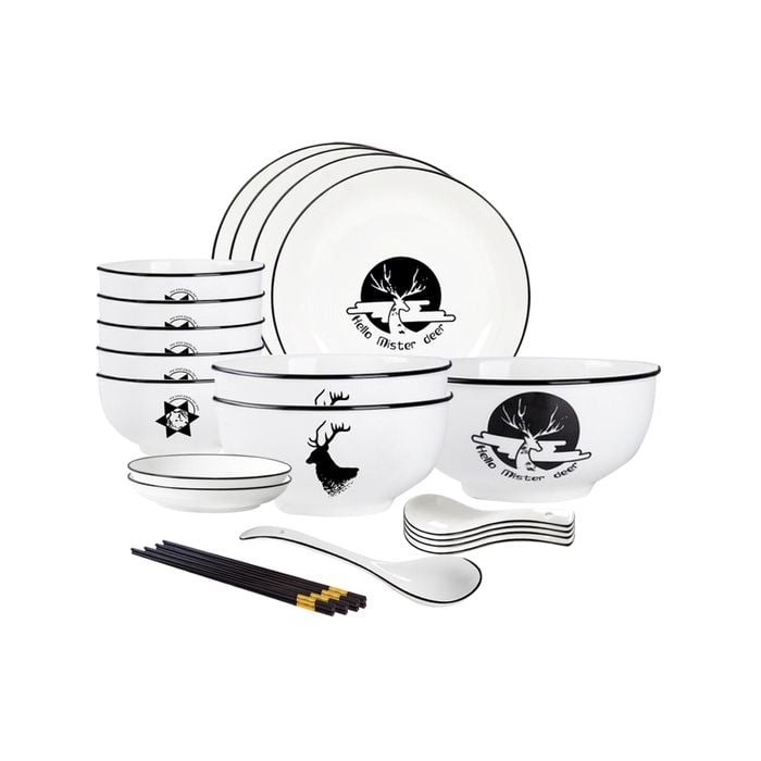 SOGA 13Pcs White Antler Printed Ceramic Dinnerware Set