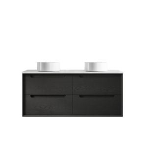 Attica 1200mm Black Oak Baia Wall Hung Vanity with Carrara Top Double Bowl