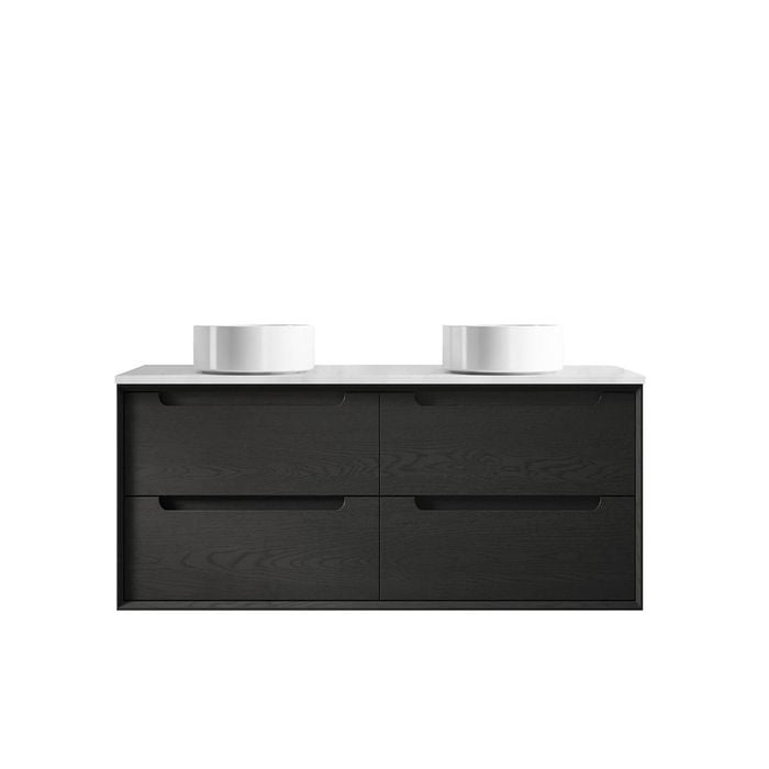 Attica 1200mm Black Oak Baia Wall Hung Vanity with Carrara Top Double Bowl
