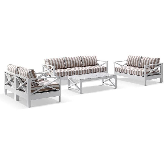 Kansas 3+2+1+1 Seater Outdoor Aluminium Lounge Set With Coffee Table In Sunbrella & Maxim Beige Cushions