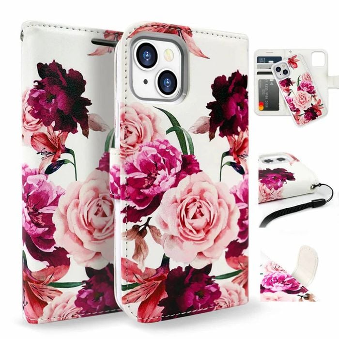 Tough On for Apple iPhone 16e / iPhone 15 Case Magnetic Detachable Leather Rose Flower