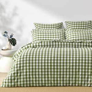 Dreamaker Lola Washed Cotton Yarn Dyed Gingham Quilt Cover Set Olive Queen