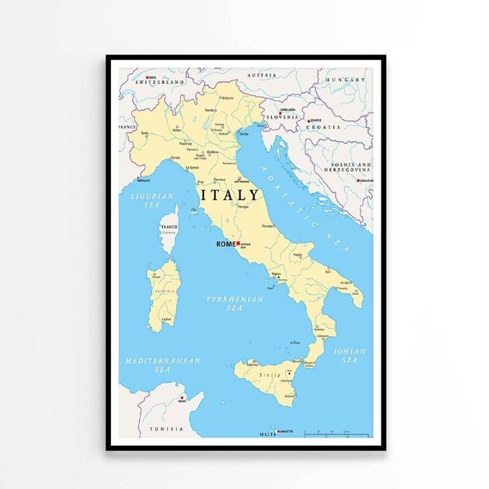 Map of Italy with The Capital Rome  Print 100% Australian Made 60x90cm  (Poster)