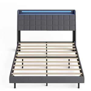 Ufurniture Upholstered Floating Bed Frame with LED Lights and Storage Headboard Queen Size Dark Grey
