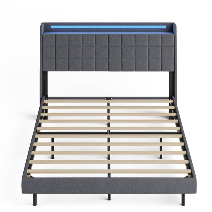Ufurniture Upholstered Floating Bed Frame with LED Lights and Storage Headboard Queen Size Dark Grey