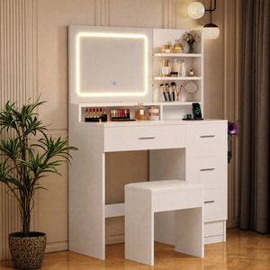 Ufurniture Vanity Desk w/ Mirror Storage Shelf Power Outlet & 4 Drawers White