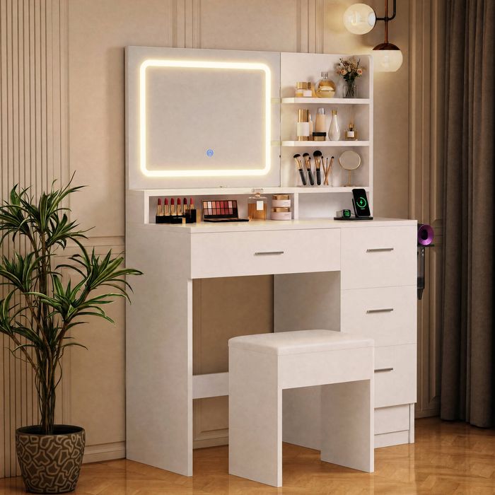 Ufurniture Vanity Desk w/ Mirror Storage Shelf Power Outlet & 4 Drawers White
