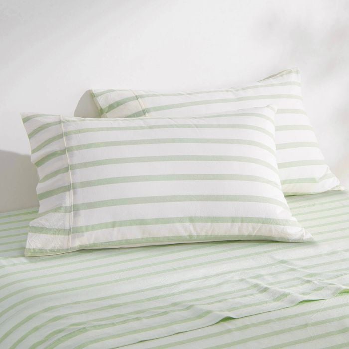 Dreamaker Bask Washed Cotton Yarn Dyed Stripe Pillowcase Sage Twin Pack