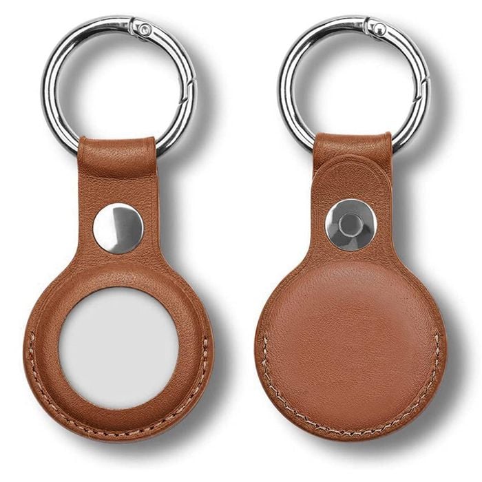 2 Pack MEZON Brown PU Leather Protective Case Holder for Apple AirTag with Keychain Ring