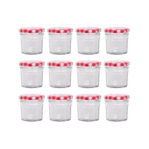 Argon Tableware 90ml Glass Jam Jars With Airtight Red Gingham Lids - Set Of 12 Empty Screw Top Kitchen Storage Preserving Jar