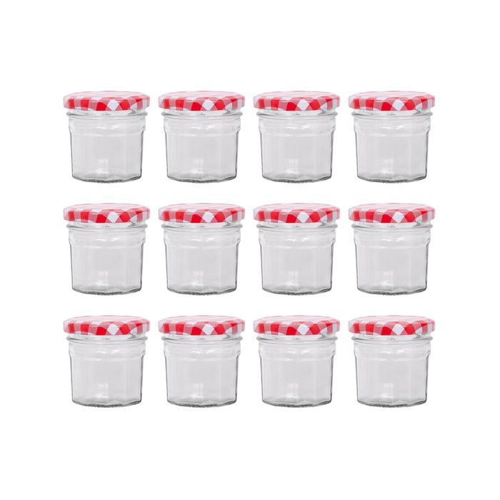 Argon Tableware 90ml Glass Jam Jars With Airtight Red Gingham Lids - Set Of 12 Empty Screw Top Kitchen Storage Preserving Jar