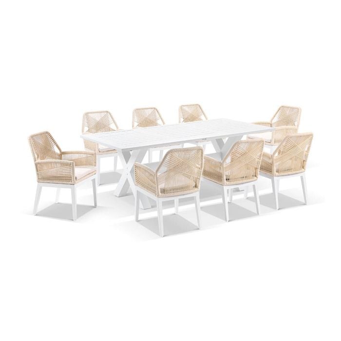 Tahitian 2.1m Aluminium Dining Table White With 8 Hugo Chairs & Cream Rope/cream Cushions