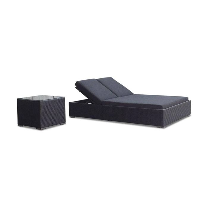 Outdoor Breeze Wicker Double Sun Lounge With Side Table - Charcoal with Denim