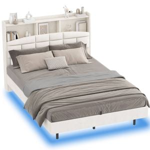 Ufurniture Velvet Floating Bed Frame with LED Lights and Storage Headboard Queen Size Beige