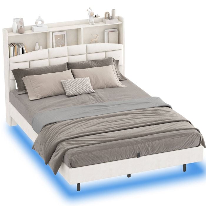 Ufurniture Velvet Floating Bed Frame with LED Lights and Storage Headboard Queen Size Beige