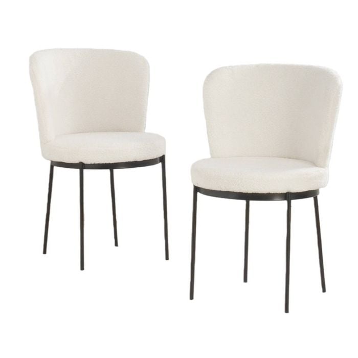 BRIBRION x2 Boucle Dining Chairs with Black Metal Legs Upholstered Sherpa Fleece Wide Back for Kitchen Restaurant White