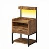 Advwin Bedside Table With Charging Station And Led Lights 1 Drawer And Top Storage Groove Walnut