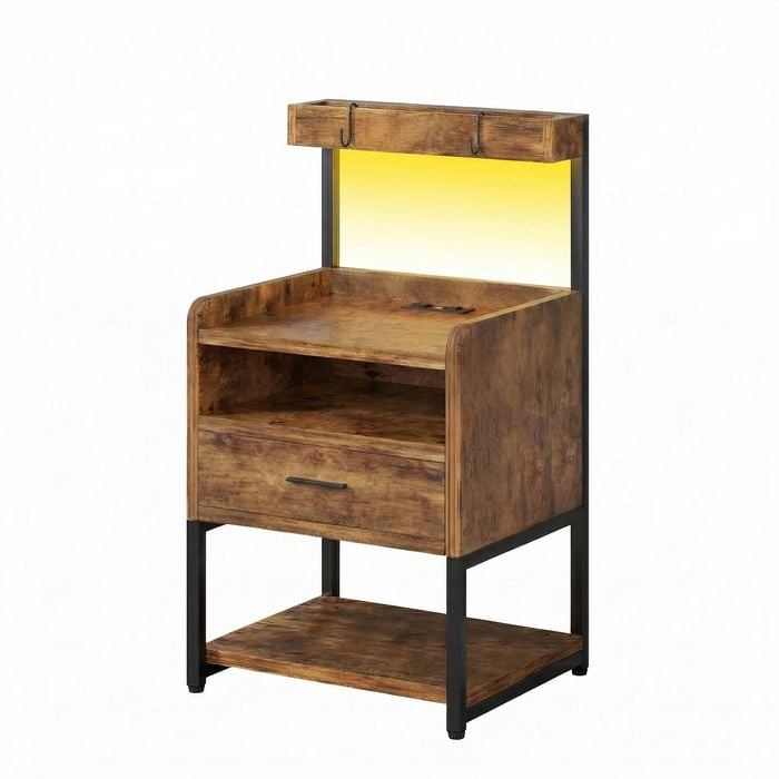 Advwin Bedside Table With Charging Station And Led Lights 1 Drawer And Top Storage Groove Walnut