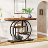 OAKORY 105cm Industrial Console Table with Black Circular Metal Base and 4 Tier Shelves in Rustic Brown