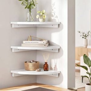Homfurn 3-piece Corner Floating Wall Shelf – 90° Wall Mounted Display Rack, Round Edge, White