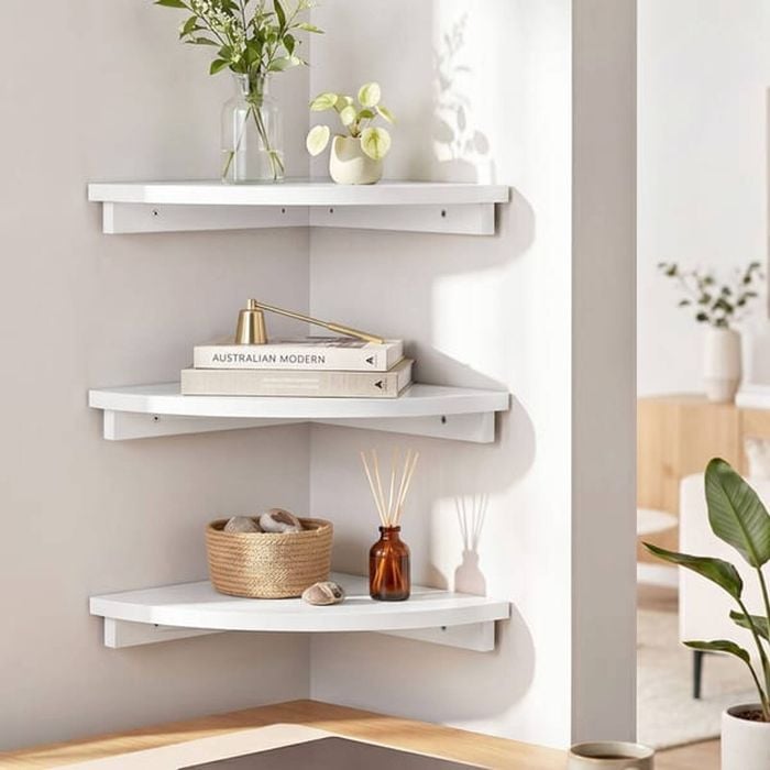 Homfurn 3-piece Corner Floating Wall Shelf – 90° Wall Mounted Display Rack, Round Edge, White