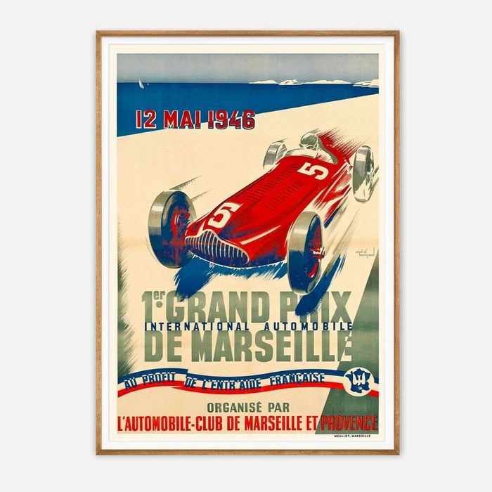 Galrie 1er Grand Prix de Marseille 1946 - Vintage Racing Poster Art by André Bermond, Wood Frame, 50 x 70cm (20 x 28inch)