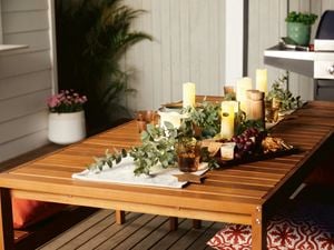 Outdoor table setting with candles and foliage spread along the centre.