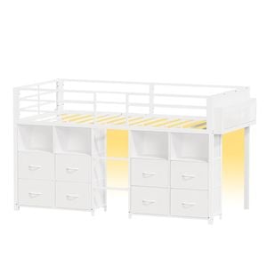 Ufurniture Kids Low Loft Bed with LED Lighting & 8 Drawers Metal Bed Frame with 4 Open Space & Ladder Single Size White
